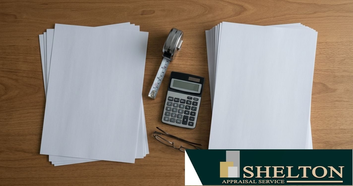 Two document stacks on a desk with a tape measure and calculator